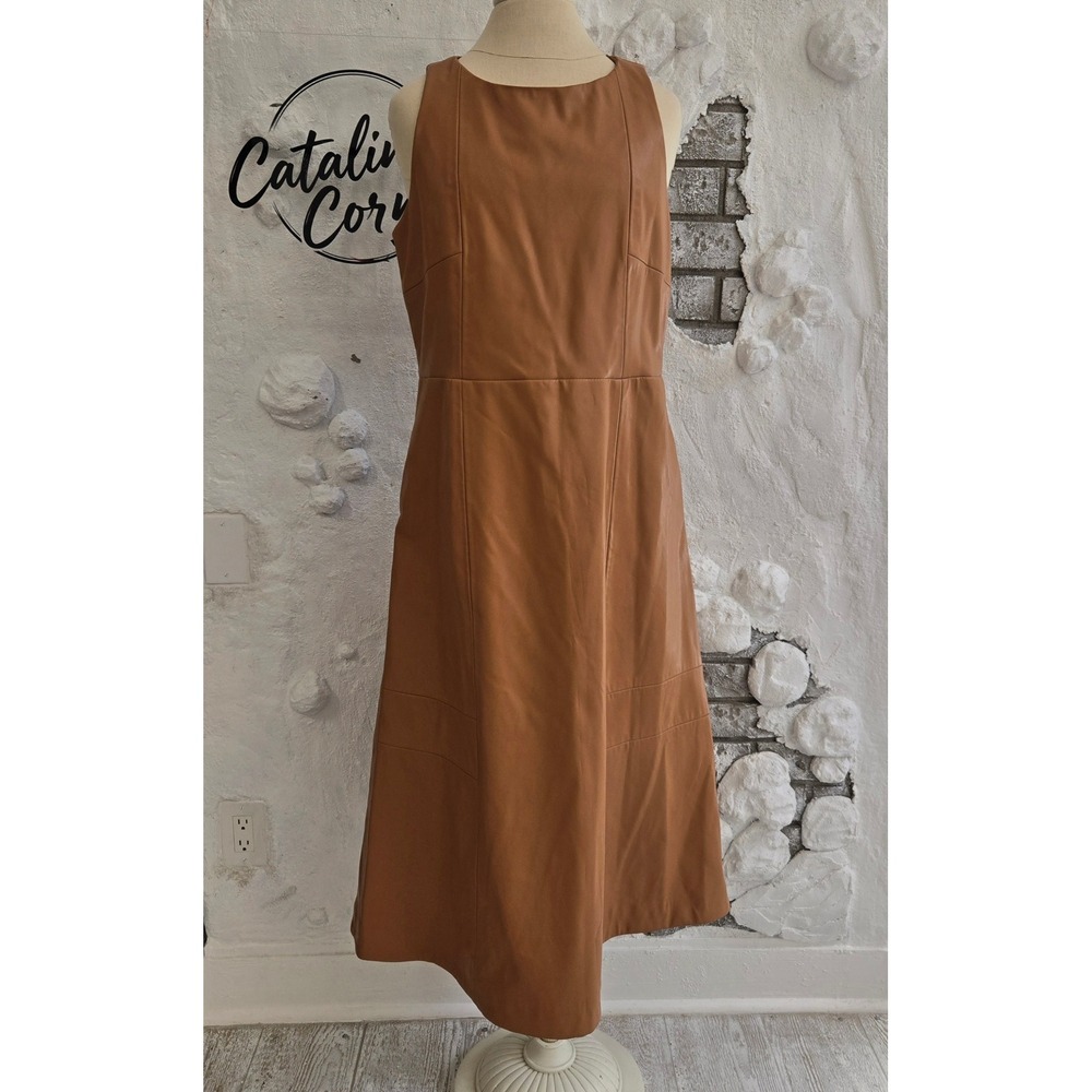 Halogen Faux Leather Sleeveless Maxi Dress Tan Size 1 Avant Garde Minimalist Mod